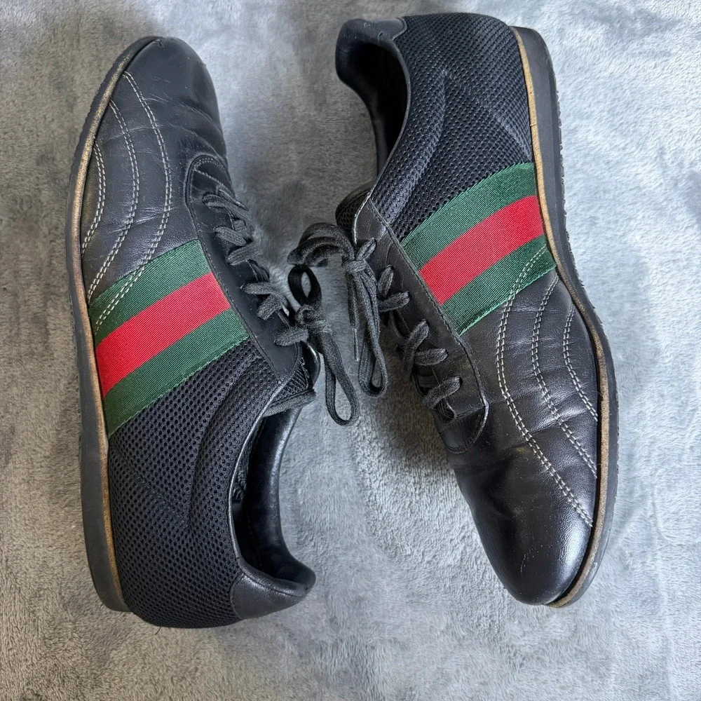 Gucci Mens Black Leather Mesh Web Stripe Sneakers 295197 Size 8 G
